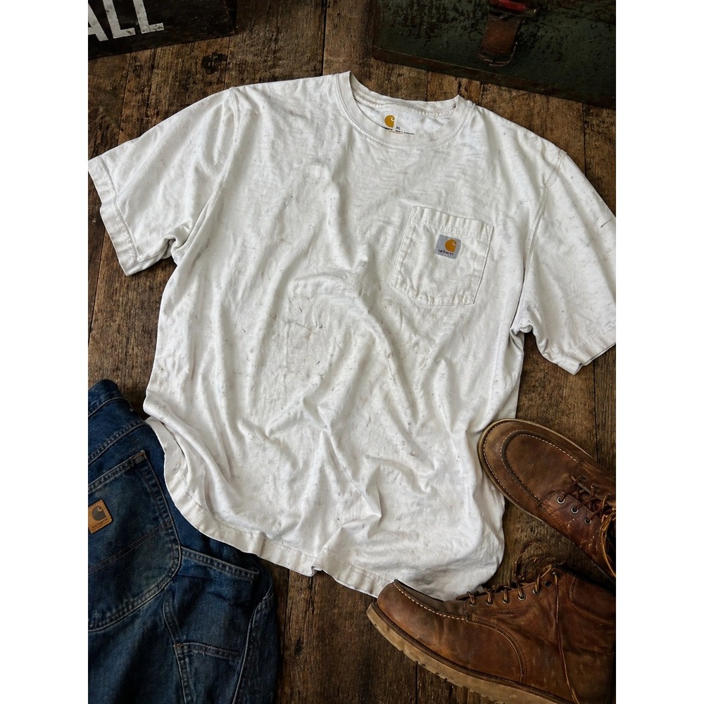 Carhartt Pocket T Shirt White Heavy Distressed Workwear Heavy Cotton Tee XL #??
